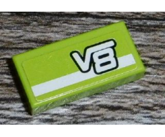 Tile 1 x 2 with White Stripe and 'V8' on Lime Background Pattern (Sticker) - Set 8152