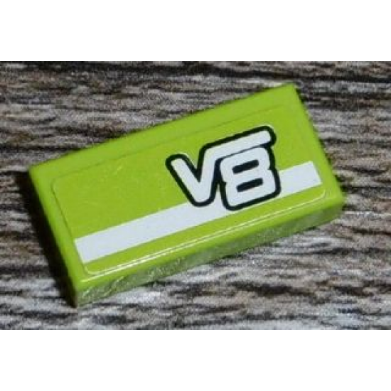 Tile 1 x 2 with White Stripe and 'V8' on Lime Background Pattern (Sticker) - Set 8152