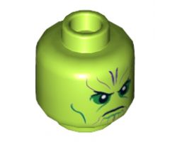 Minifigure, Head Alien Black Eyes, Green Eye Shadow and Cheek Lines, Purple Lines on Forehead Pattern - Hollow Stud
