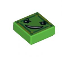 Tile 1 x 1 with Black Eyes, Raised Eyebrow, Fiendish Smile with Teeth and Lime and Green Square Pattern (Kryptomite Face)