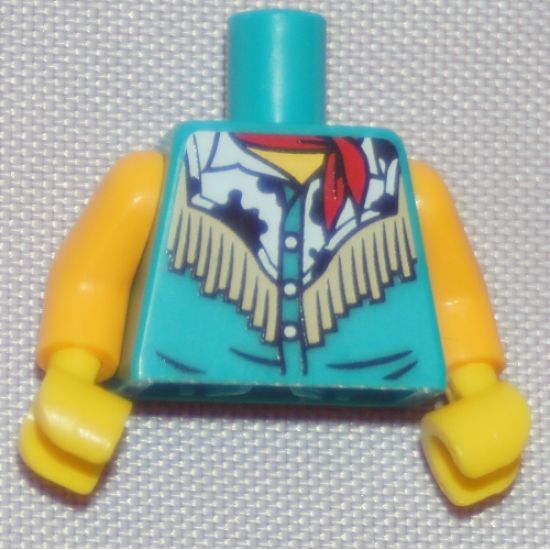 Torso Western Shirt with White Cowhide Top, Tan Fringe, Red Bandana Pattern / Bright Light Orange Arms / Yellow Hands