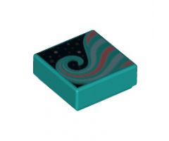 Tile 1 x 1 with Metallic Light Blue and Coral Swirl on Black Background Pattern