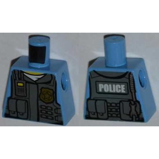 Torso Police Shirt with Dark Bluish Gray Vest, Gold Badge, Radio, White Undershirt and White 'POLICE' Pattern on Back