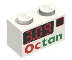 Brick 1 x 2 with '3.09' and Octan Pattern