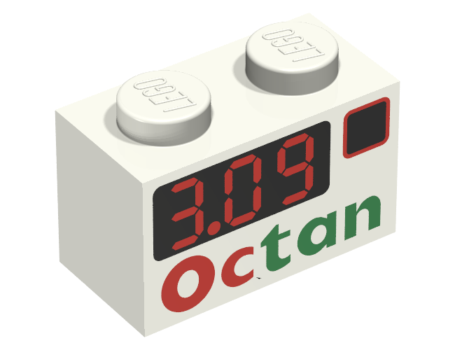 Brick 1 x 2 with '3.09' and Octan Pattern