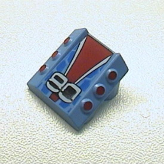 Brick, Modified 2 x 2 No Studs, Sloped with 6 Side Pistons Raised and '80', Red, White, Black, and Blue Pattern