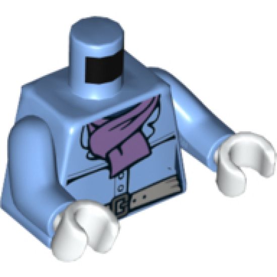 Torso, Jacket Female with Light Bluish Gray Belt and Silver Buckle, Medium Lavender Scarf Pattern / Medium Blue Arms / White Hands