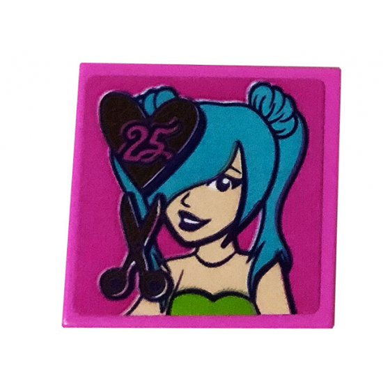 Tile 2 x 2 with Heart and '25', Scissors and Girl with Medium Azure Hair Pattern (Sticker) - Set 41391