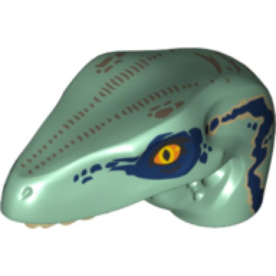 Animal, Body Part Dinosaur Head Raptor with Pin Hole, Tan Teeth and Dark Blue Stripes and Dark Tan Markings Pattern