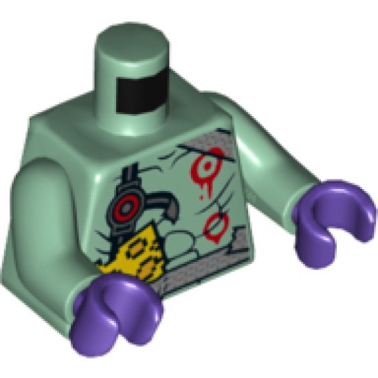 Torso Silver Duct Tape Belt and Shoulder Strap, Black Muscle Lines, Red Circles Pattern / Sand Green Arms / Dark Purple Hands