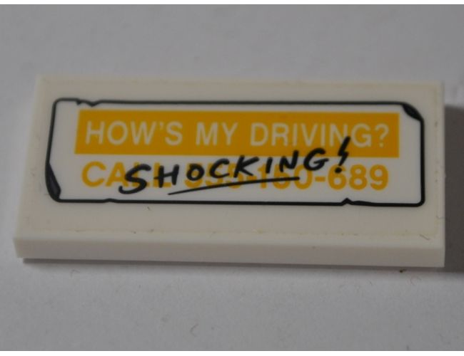 Tile 2 x 4 with 'HOW'S MY DRIVING?' on Yellow Background, Yellow 'CALL 555-150-689' on White Background and Black 'SHOCKING!' Pattern (Sticker) - Set 76083