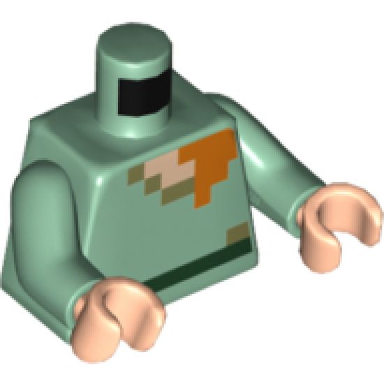 Torso Pixelated Light Nougat, Dark Tan and Orange Neck, Dark Green Belt Pattern (Minecraft) / Sand Green Arms / Light Nougat Hands