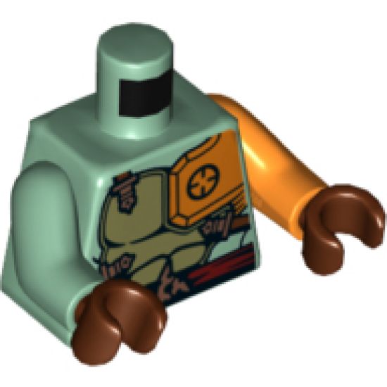Torso Ninjago Olive Green and Orange Body Armor with Dark Red Straps and Belt Pattern / Orange Arm Left / Sand Green Arm Right / Reddish Brown Hands