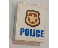 Brick 1 x 2 x 2 with Inside Stud Holder with Blue 'POLICE' on White Background and Gold Police Badge Pattern (Sticker) - Set 60139