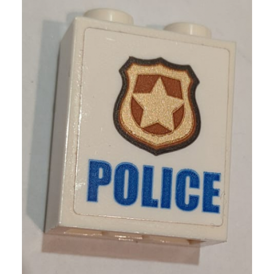 Brick 1 x 2 x 2 with Inside Stud Holder with Blue 'POLICE' on White Background and Gold Police Badge Pattern (Sticker) - Set 60139