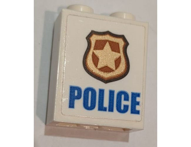 Brick 1 x 2 x 2 with Inside Stud Holder with Blue 'POLICE' on White Background and Gold Police Badge Pattern (Sticker) - Set 60139