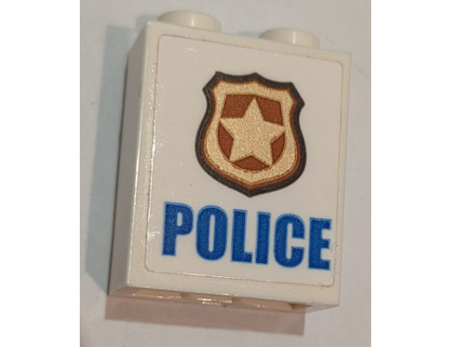 Brick 1 x 2 x 2 with Inside Stud Holder with Blue 'POLICE' on White Background and Gold Police Badge Pattern (Sticker) - Set 60139