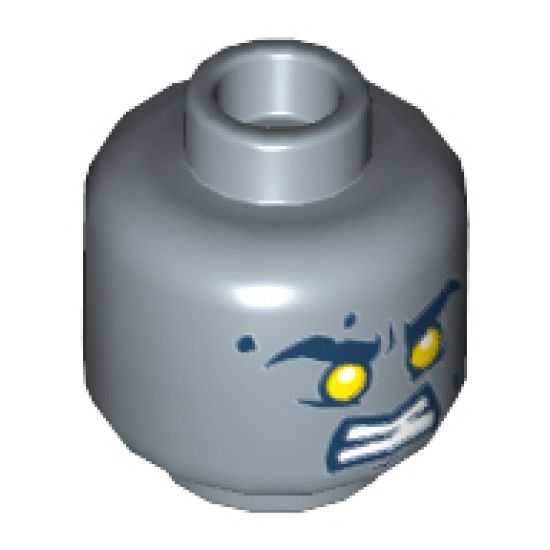 Minifigure, Head Dual Sided Alien Dark Blue Thick Eyebrows, Crooked Smile, White Pupils / Yellow Eyes, Bared Teeth Angry Pattern - Hollow Stud