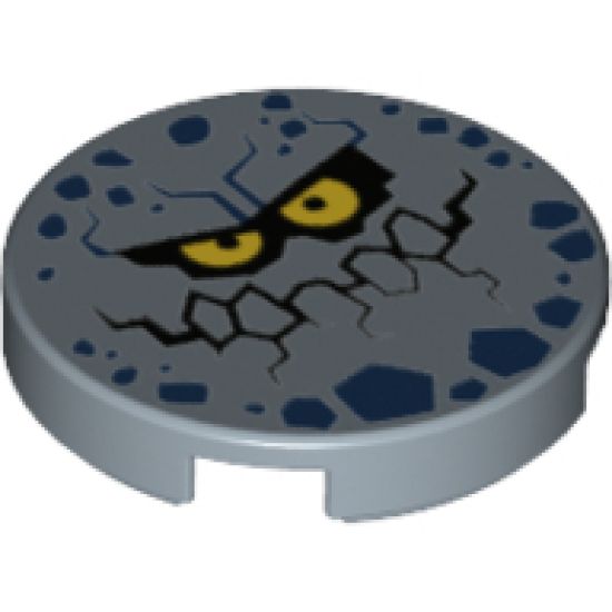 Tile, Round 2 x 2 with Bottom Stud Holder with Rock Creature Face with Jagged Grin, Dark Blue Spots and Yellow Eyes Pattern