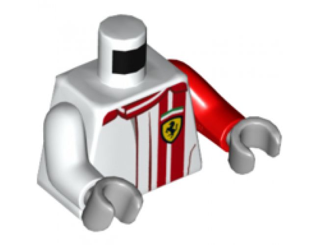 Torso Speed Champions with Red Stripes and Ferrari Logo Pattern / Red Arm Left / White Arm Right / Light Bluish Gray Hands