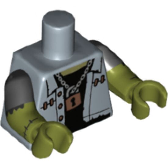 Torso Vest over Black Undershirt, Padlock, 'SHOCK 'n' ROLL' Back Pattern / Olive Green Arms with Black Short Sleeves and Stitches / Olive Green Hands