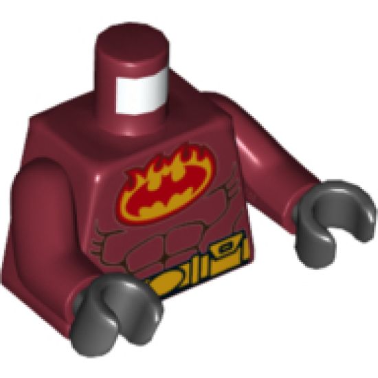 Torso Batman Red Bat in Bright Light Orange Oval with Flames, Gray Muscle Lines Pattern / Dark Red Arms / Black Hands