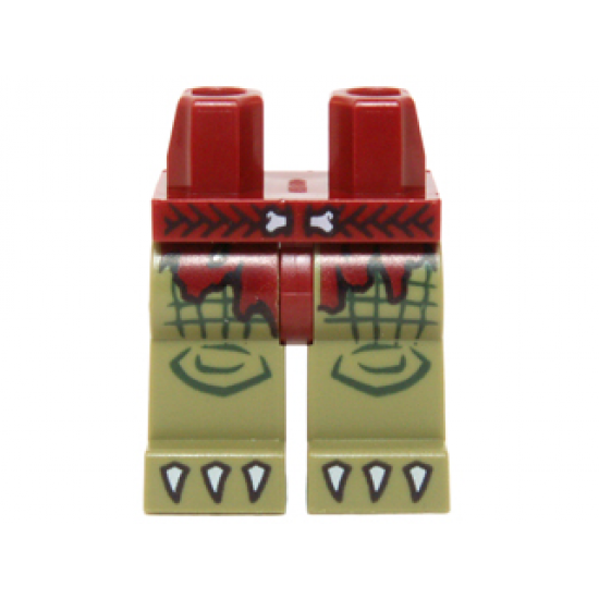 Hips and Olive Green Legs with Dark Red Loincloth Tattered, Braided Belt with Bone Buckle and White Claws Pattern