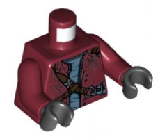 Torso Open Zipper Jacket over Gray Shirt with Silver Rivets and Leather Straps, Sling Bag on Back Pattern / Dark Red Arms / Black Hands