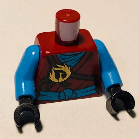 Torso Ninjago Brown Rope, Gold Phoenix Medallion and Dark Azure Sash Front, Scabbards on Back Pattern / Dark Azure Arms / Black Hands