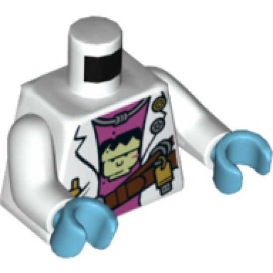 Torso Female Lab Coat over Dark Pink Undershirt with Frankenstein Design and Reddish Brown Belt Pattern / White Arms / Medium Azure Hands