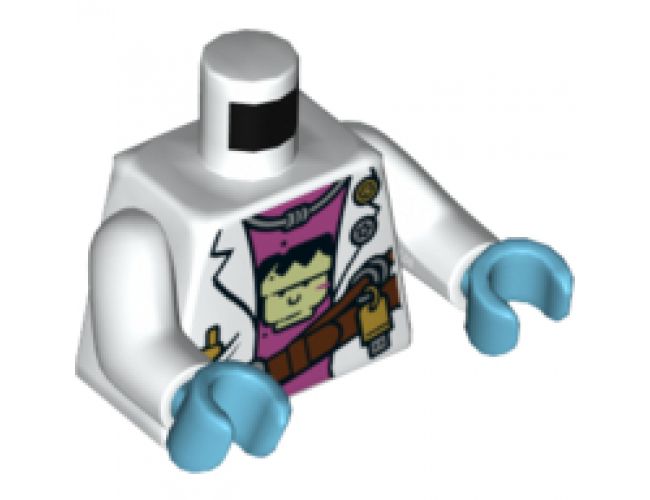 Torso Female Lab Coat over Dark Pink Undershirt with Frankenstein Design and Reddish Brown Belt Pattern / White Arms / Medium Azure Hands
