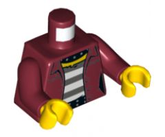 Torso Female Prisoner Jacket over Black and White Striped Undershirt, Bomb on Back Pattern / Dark Red Arms / Yellow Hands