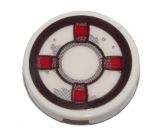 Tile, Round 2 x 2 with Bottom Stud Holder with Dark Red and White Life Preserver, Gray Stains Pattern (Sticker) - Set 70419