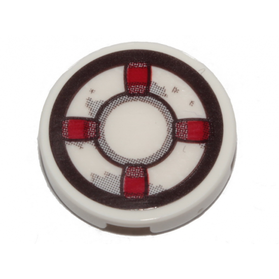 Tile, Round 2 x 2 with Bottom Stud Holder with Dark Red and White Life Preserver, Gray Stains Pattern (Sticker) - Set 70419