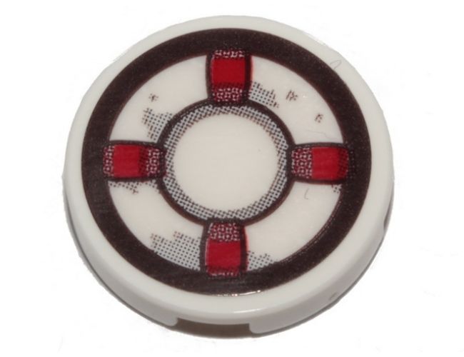Tile, Round 2 x 2 with Bottom Stud Holder with Dark Red and White Life Preserver, Gray Stains Pattern (Sticker) - Set 70419