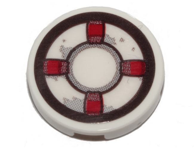 Tile, Round 2 x 2 with Bottom Stud Holder with Dark Red and White Life Preserver, Gray Stains Pattern (Sticker) - Set 70419