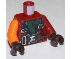 Torso Ninjago Parachute with Straps, Ninja Skull with Crossed Swords, Green Scarf Pattern / Dark Red Arm Left / Orange Arm Right / Dark Brown Hands