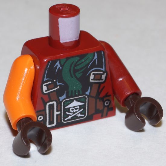 Torso Ninjago Parachute with Straps, Ninja Skull with Crossed Swords, Green Scarf Pattern / Dark Red Arm Left / Orange Arm Right / Dark Brown Hands