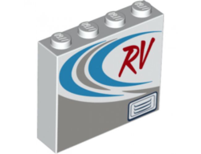 Brick 1 x 4 x 3 with Red 'RV', Dark Azure and Dark Bluish Gray Curved Stripes Pattern