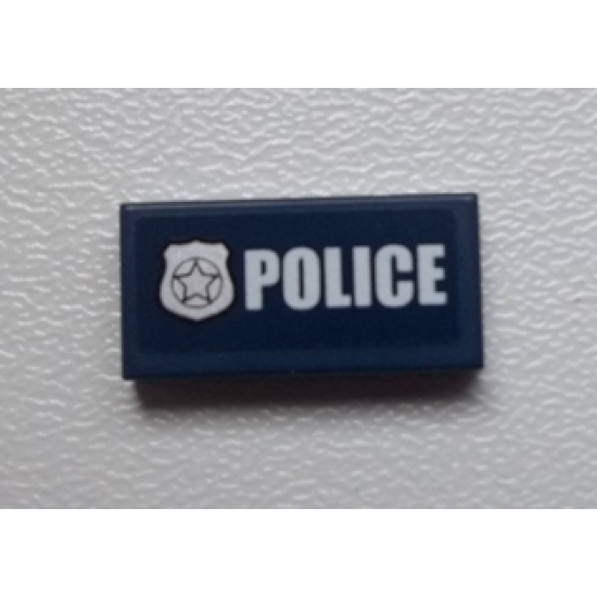 Tile 1 x 2 with Police Silver Star Badge and White 'POLICE' on Dark Blue Background Pattern (Sticker) - Set 60007