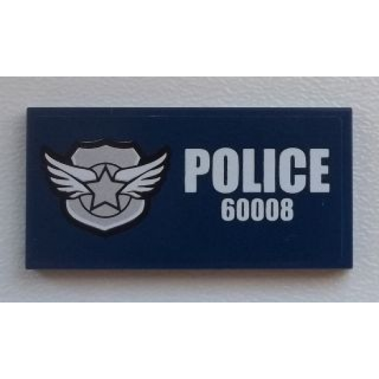 Tile 2 x 4 with Silver Star Badge and White 'POLICE 60008' on Dark Blue Background Pattern (Sticker) - Set 60008