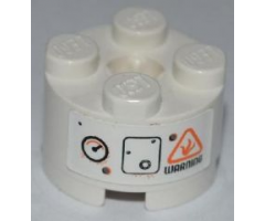 Brick, Round 2 x 2 with Axle Hole with Gauge, Bolted Panel and Black 'WARNING' Pattern (Sticker) - Set 8958