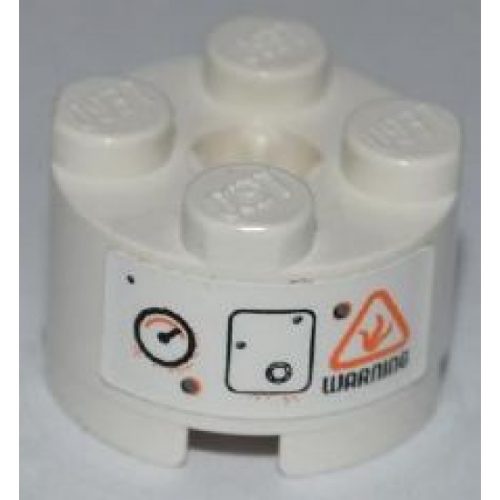 Brick, Round 2 x 2 with Axle Hole with Gauge, Bolted Panel and Black 'WARNING' Pattern (Sticker) - Set 8958