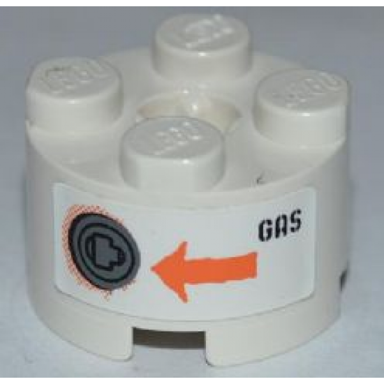 Brick, Round 2 x 2 with Axle Hole with Filler Cap, Orange Arrow and Black 'GAS' Pattern (Sticker) - Set 8958