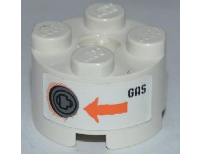 Brick, Round 2 x 2 with Axle Hole with Filler Cap, Orange Arrow and Black 'GAS' Pattern (Sticker) - Set 8958