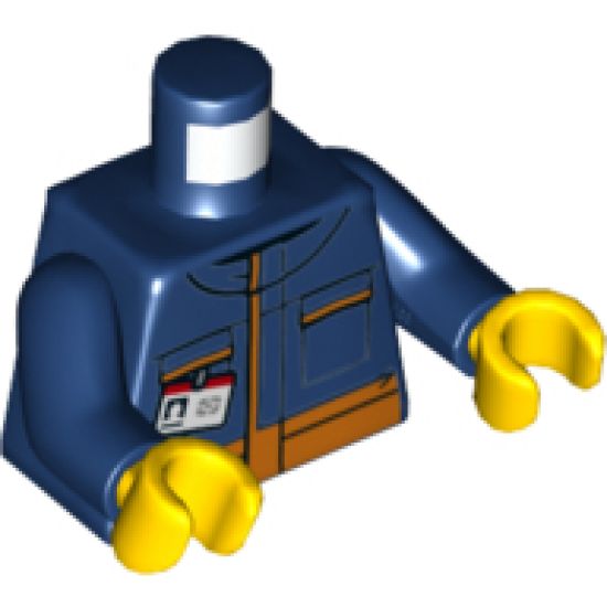 Torso Jumpsuit with Orange Stripes and White Minifigure ID Badge Pattern / Dark Blue Arms / Yellow Hands