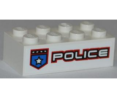 Brick 2 x 4 with Police White Star Badge and White 'POLICE' with Red Outline Pattern Model Left Side (Sticker) - Set 8301