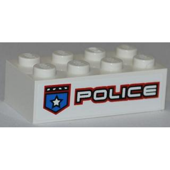 Brick 2 x 4 with Police White Star Badge and White 'POLICE' with Red Outline Pattern Model Left Side (Sticker) - Set 8301