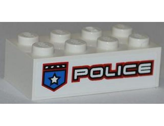 Brick 2 x 4 with Police White Star Badge and White 'POLICE' with Red Outline Pattern Model Left Side (Sticker) - Set 8301