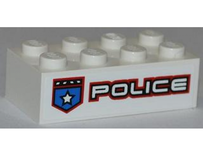 Brick 2 x 4 with Police White Star Badge and White 'POLICE' with Red Outline Pattern Model Left Side (Sticker) - Set 8301